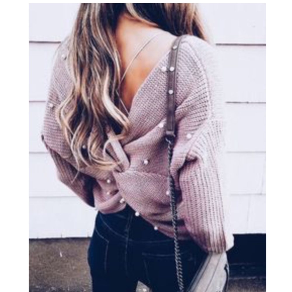Wear 2 Ways Pearl Twist Knot Cross Pink Sweater - Picture 3 of 8